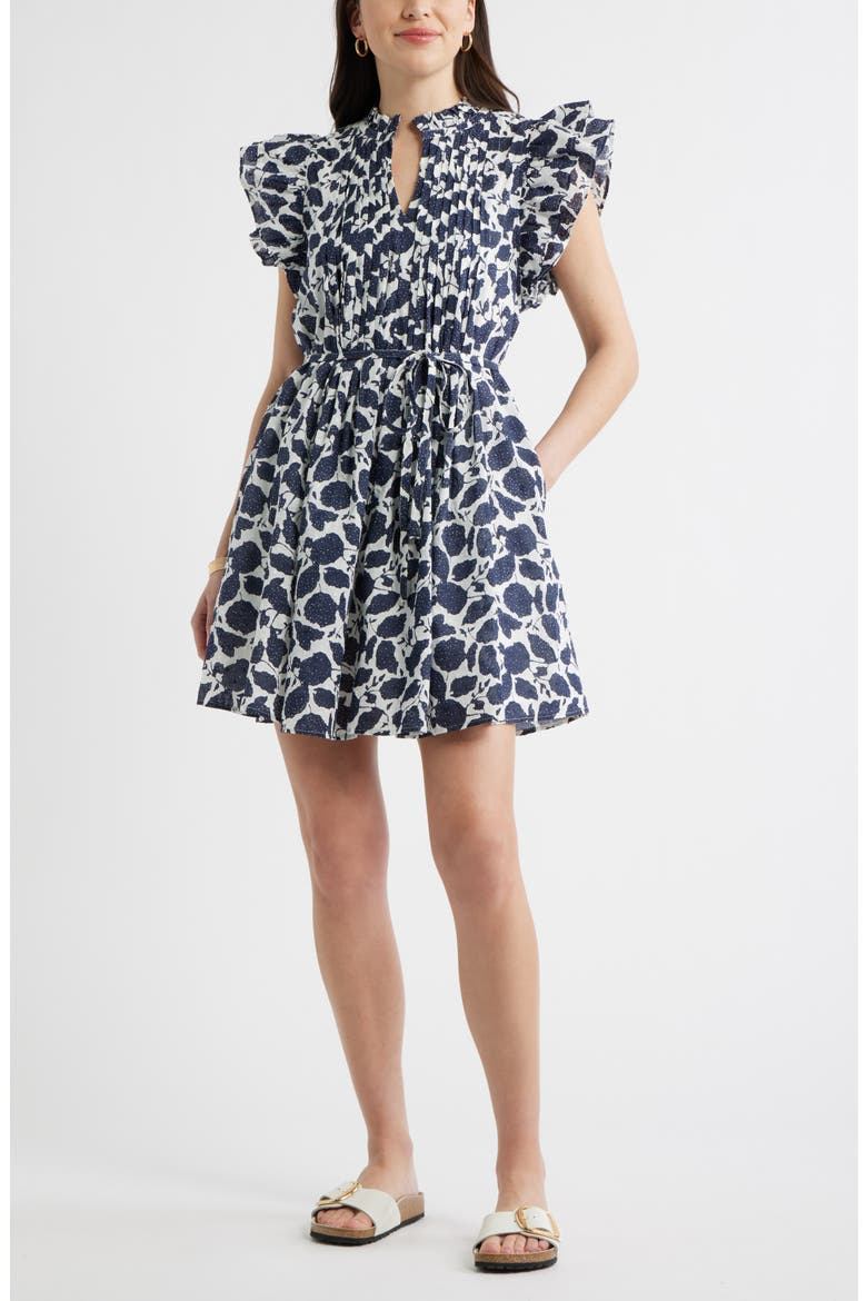 Ruffle Tie Waist Dress, Main, color, IVORY- NAVY WINDSOR FLORAL