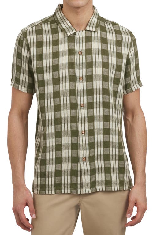 Ben Sherman Reworked Gingham Check Lyocell & Linen Camp Shirt In Olive