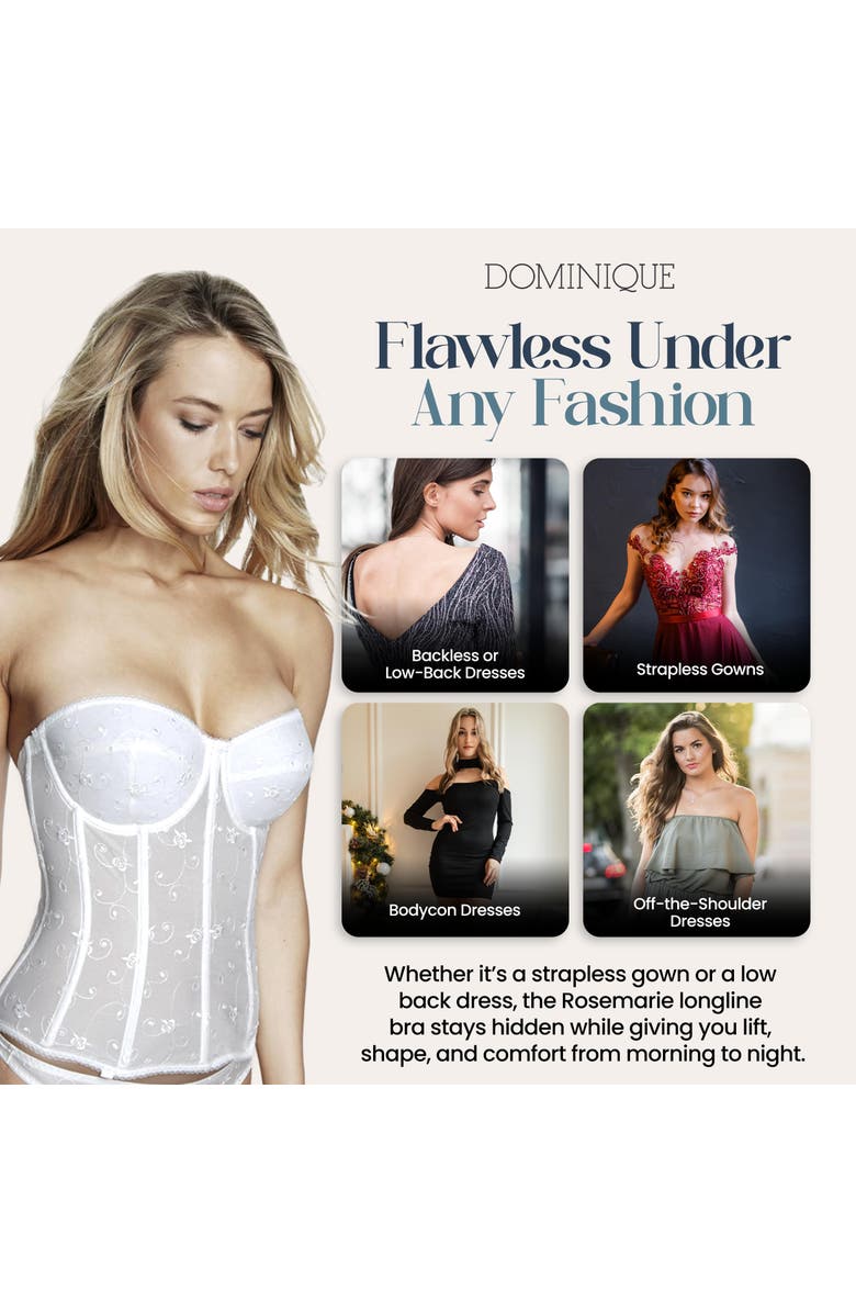 Dominique Intimates Rosemarie Embroidered Lace Strapless Longline Bridal Bra, Alternate, color, Bone