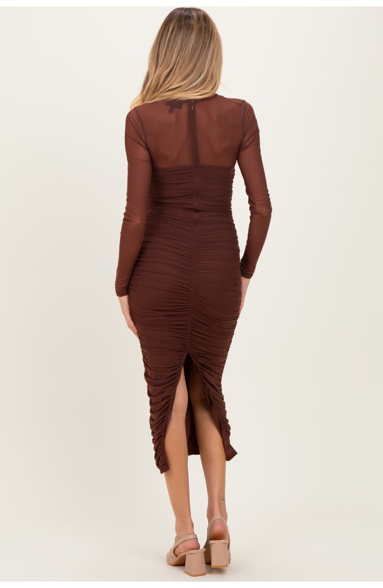 PinkBlush Mesh Ruched Long Sleeve Midi Dress, Alternate, color, Brown