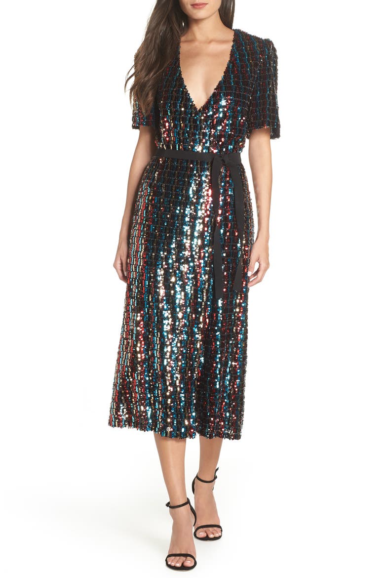 Multicolor Sequin Wrap Dress, Main, color, MERLOT GOLD