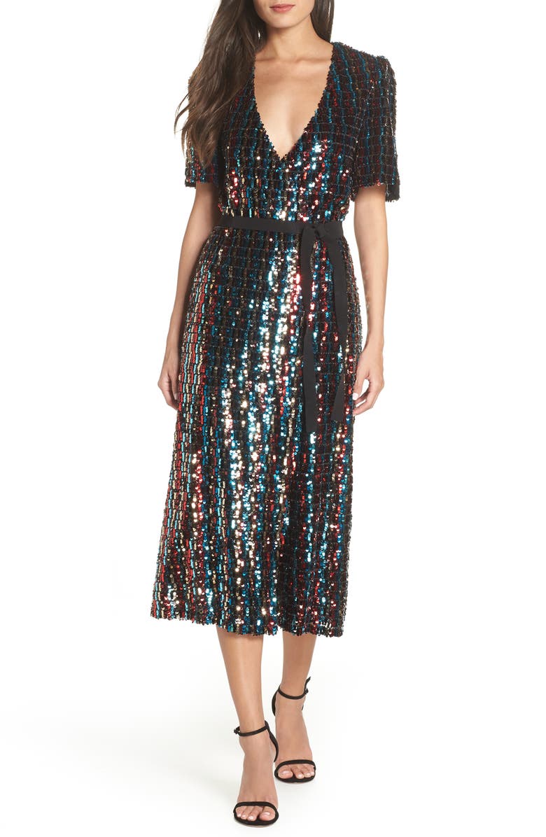 ML Monique Lhuillier Multicolor Sequin Wrap Dress, Main, color, 