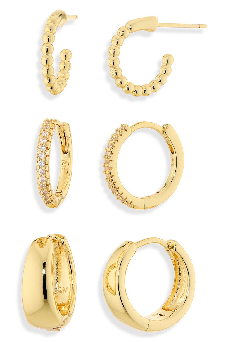 Set of 3 Huggie Hoop Earrings, Main, color, GOLD