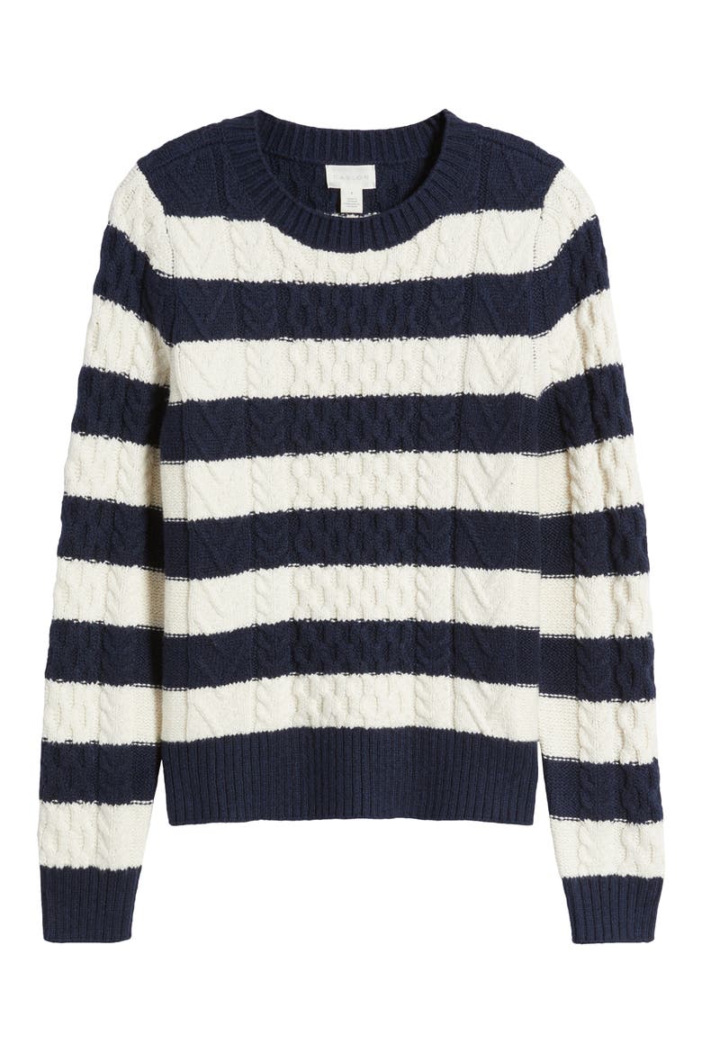 Cable Stitch Crewneck Sweater, Alternate, color, NAVY- IVORY PRISTINE STRIPE