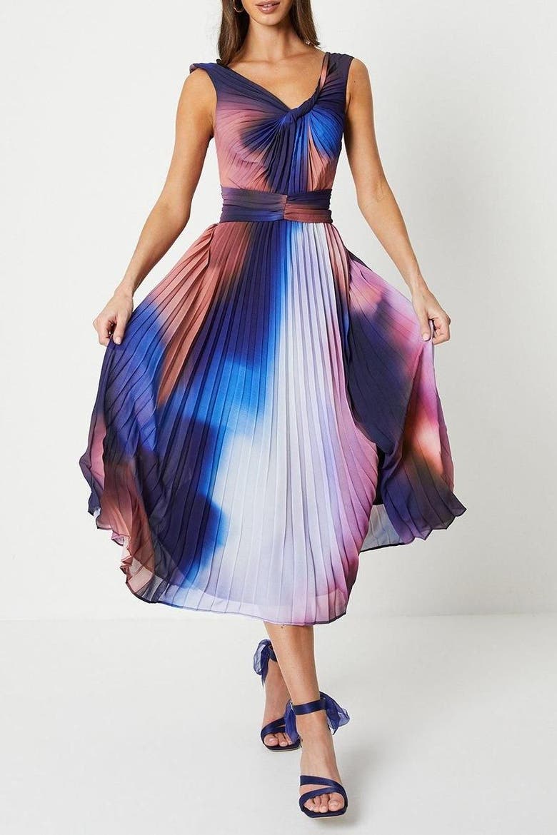 Printed Pleated V-Neck Midi Dress, Alternate, color, Multi
