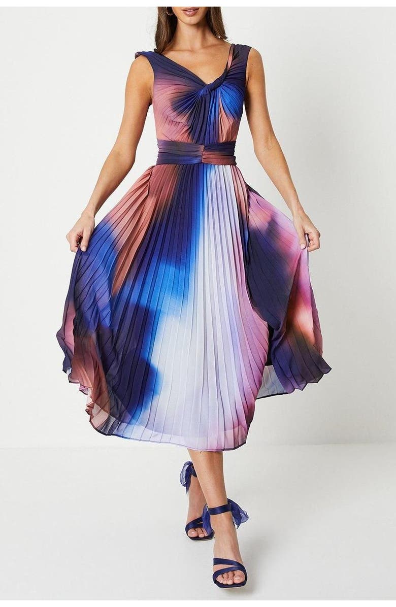 Coast Printed Pleated V-Neck Midi Dress, Alternate, color, Multi