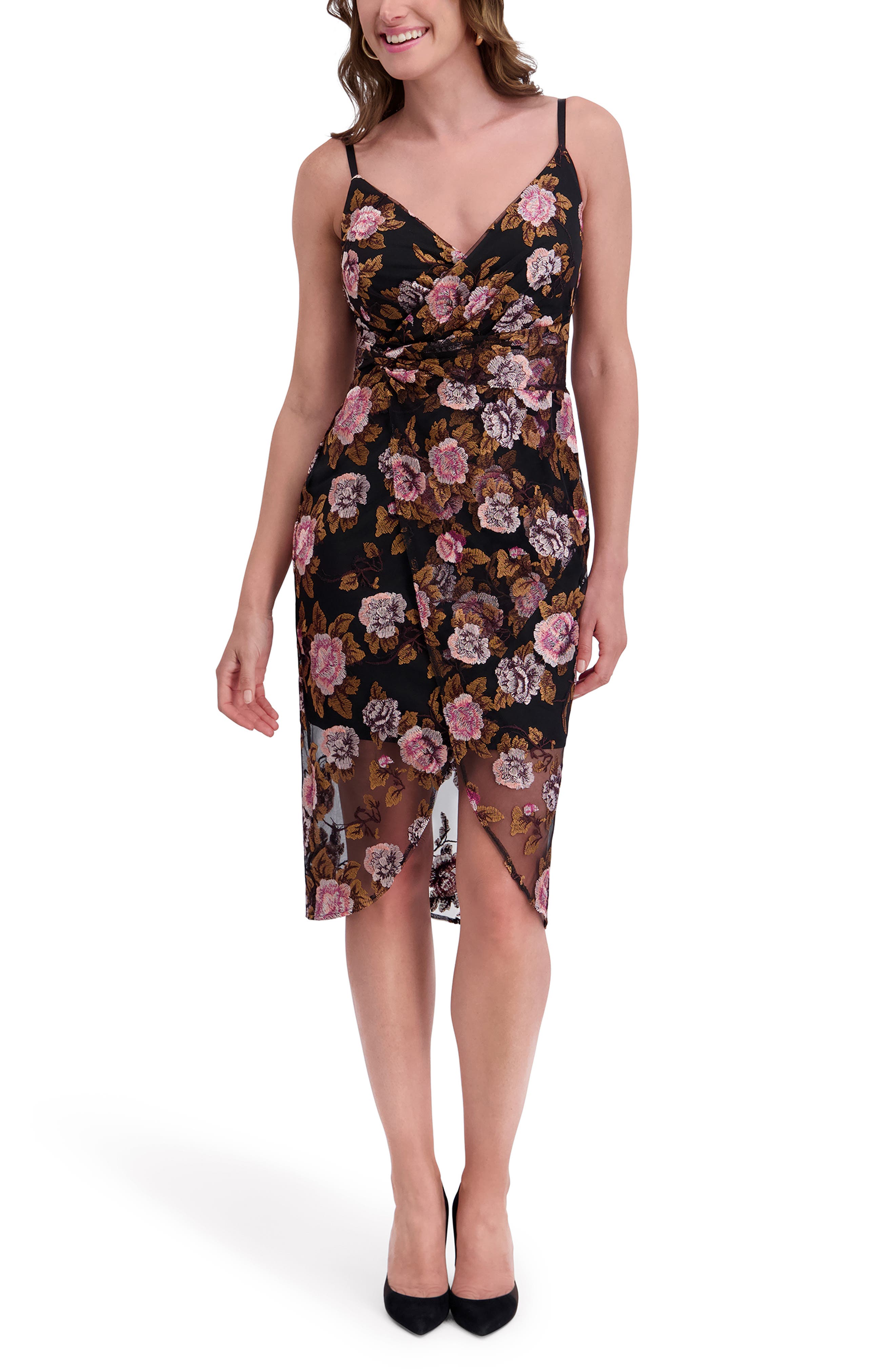 Faux Wrap Embroidered Mesh Midi Dress