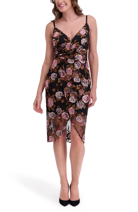Faux Wrap Embroidered Mesh Midi Dress