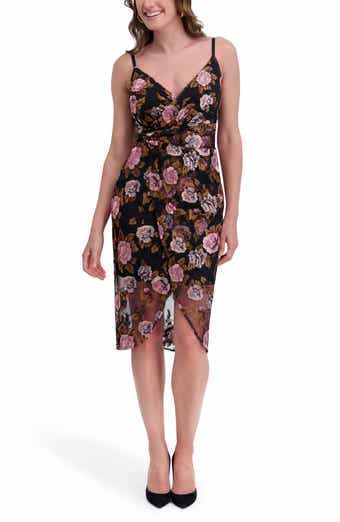 Faux Wrap Embroidered Mesh Midi Dress