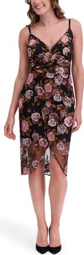 Siena Faux Wrap Embroidered Mesh Midi Dress
