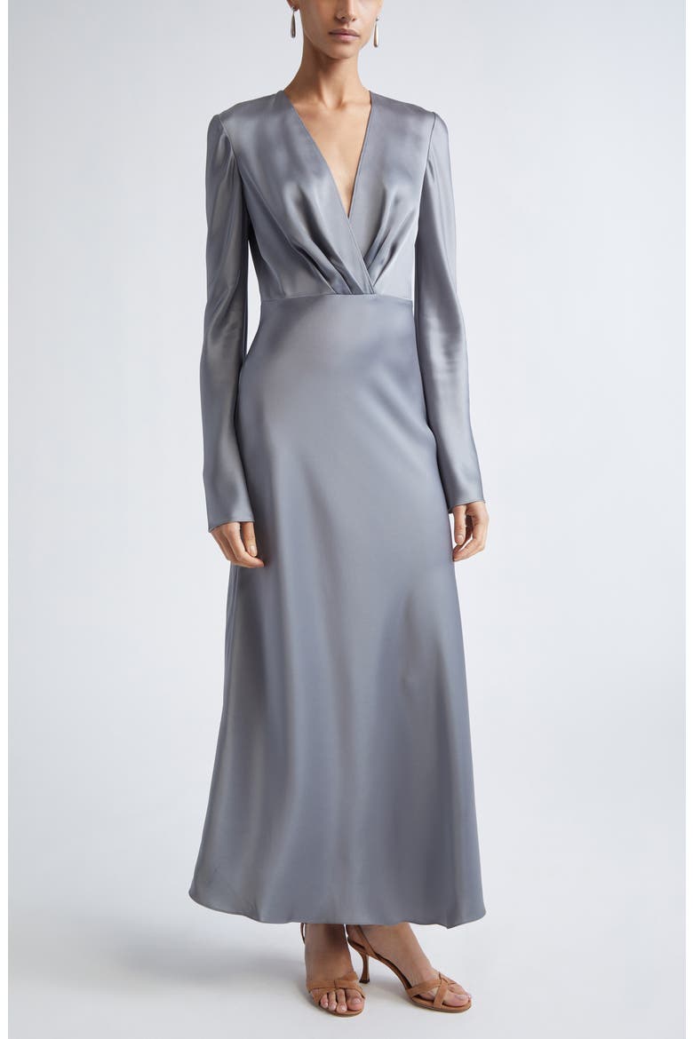 Long Sleeve Satin V-Neck Dress, Main, color, PEWTER