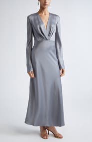 ST. JOHN Long Sleeve Satin V-Neck Dress