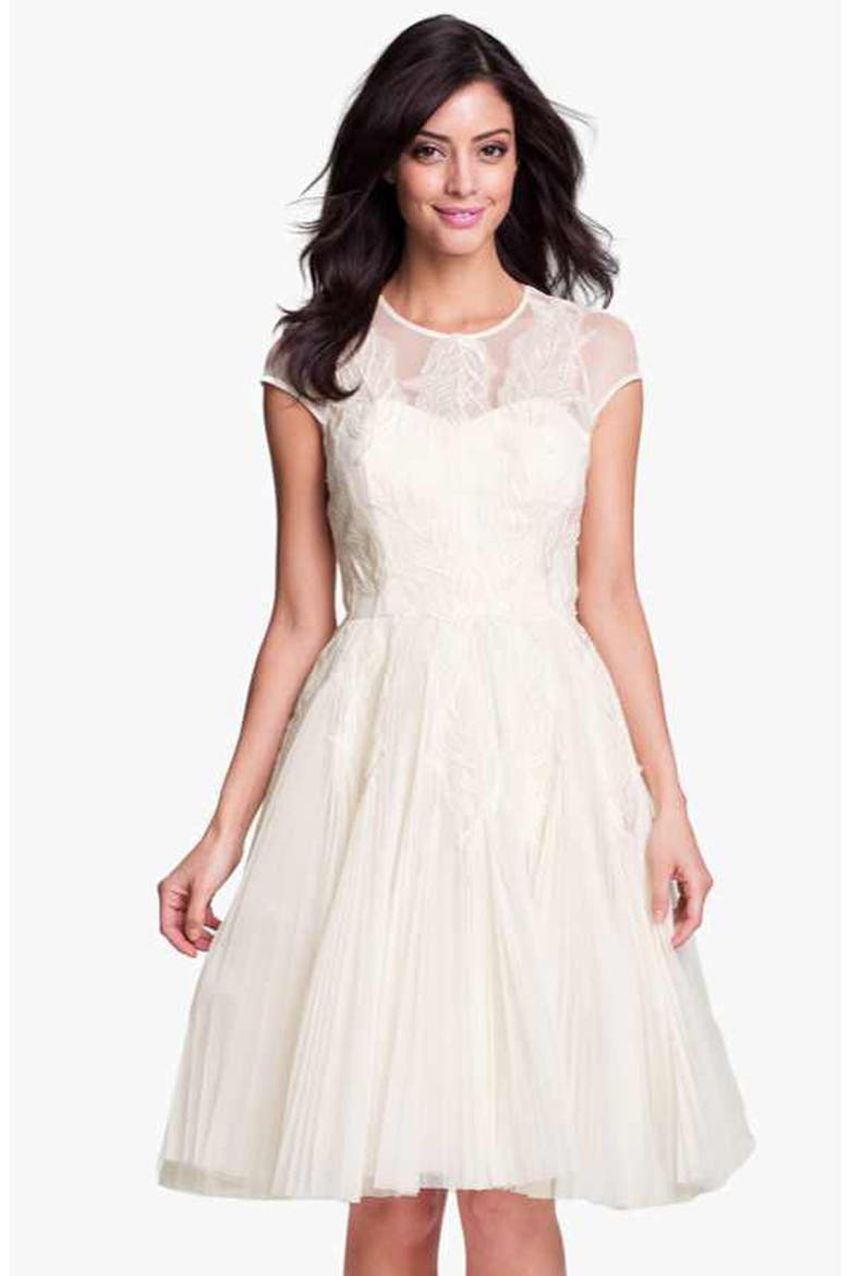 'Miyaa' Embroidered Mesh Fit & Flare Dress, Main, color, CREAM