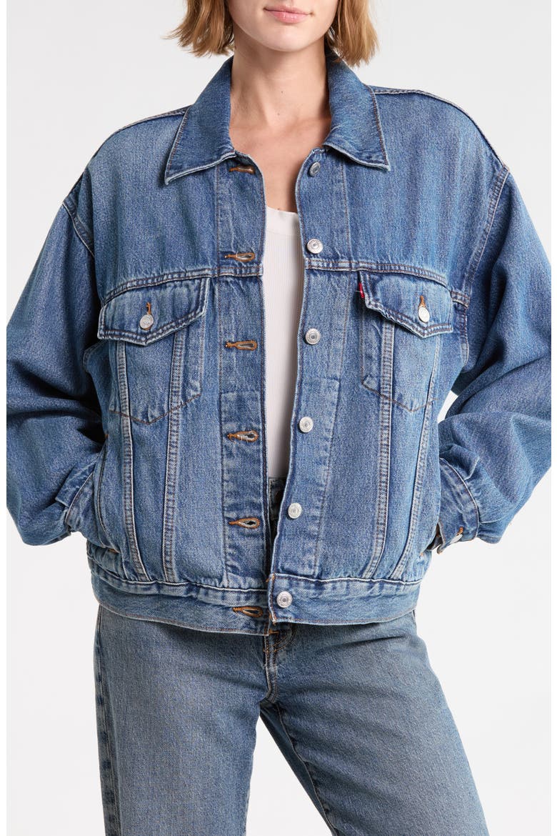 90s Denim Trucker Jacket, Main, color, TURNING HEADS