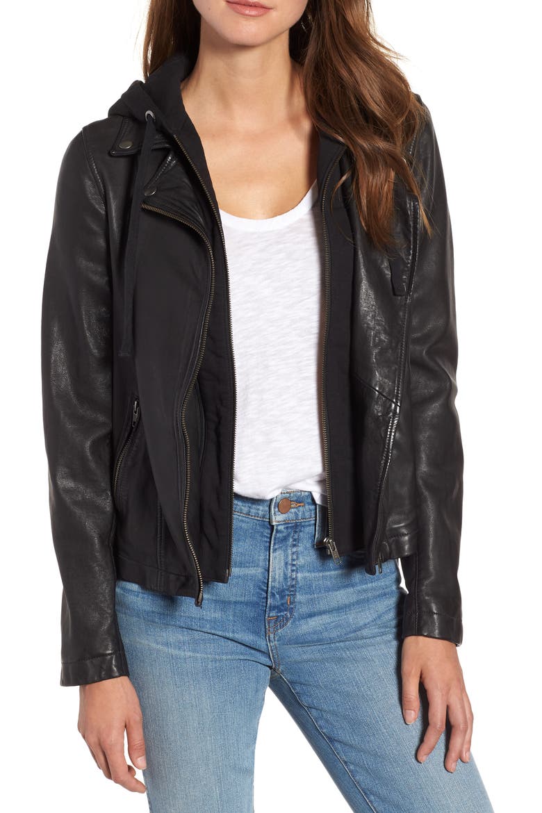 Leather Moto Jacket with Removable Hood, Main, color, BLACK