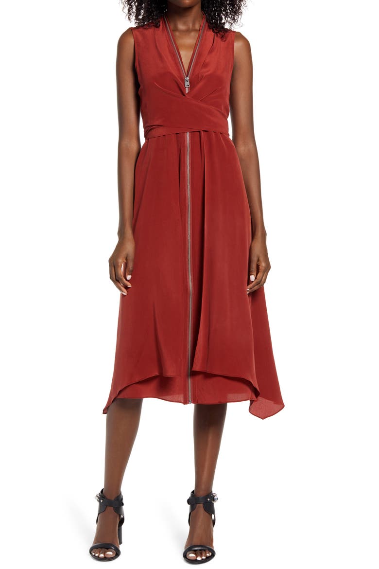 Jayda Exposed Zip Sleeveless Silk Dress, Main, color, RUST RED