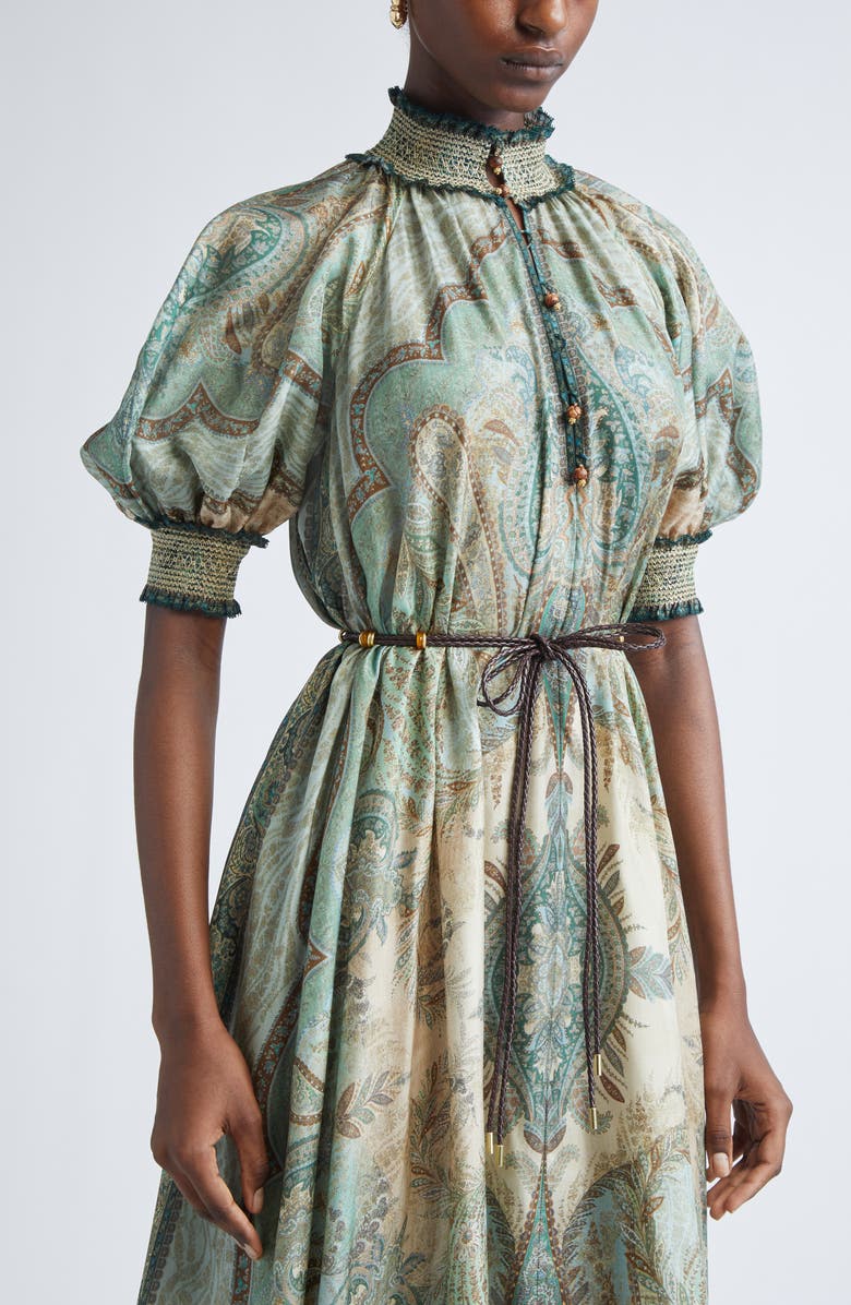 Zimmermann Wanderlust Paisley Billow Sleeve Belted Silk Maxi Dress, Alternate, color, Tapestry Teal Multi