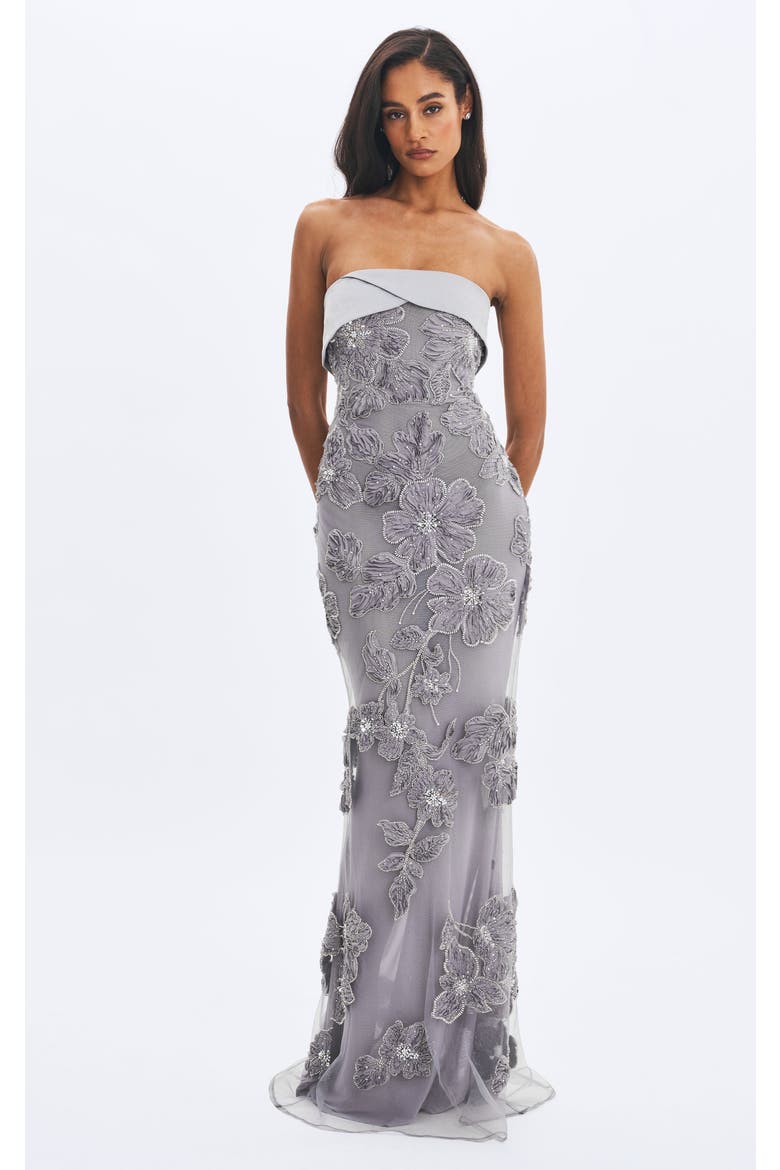 Raphaela Beaded Floral Strapless Mermaid Maxi Dress, Main, color, Silver