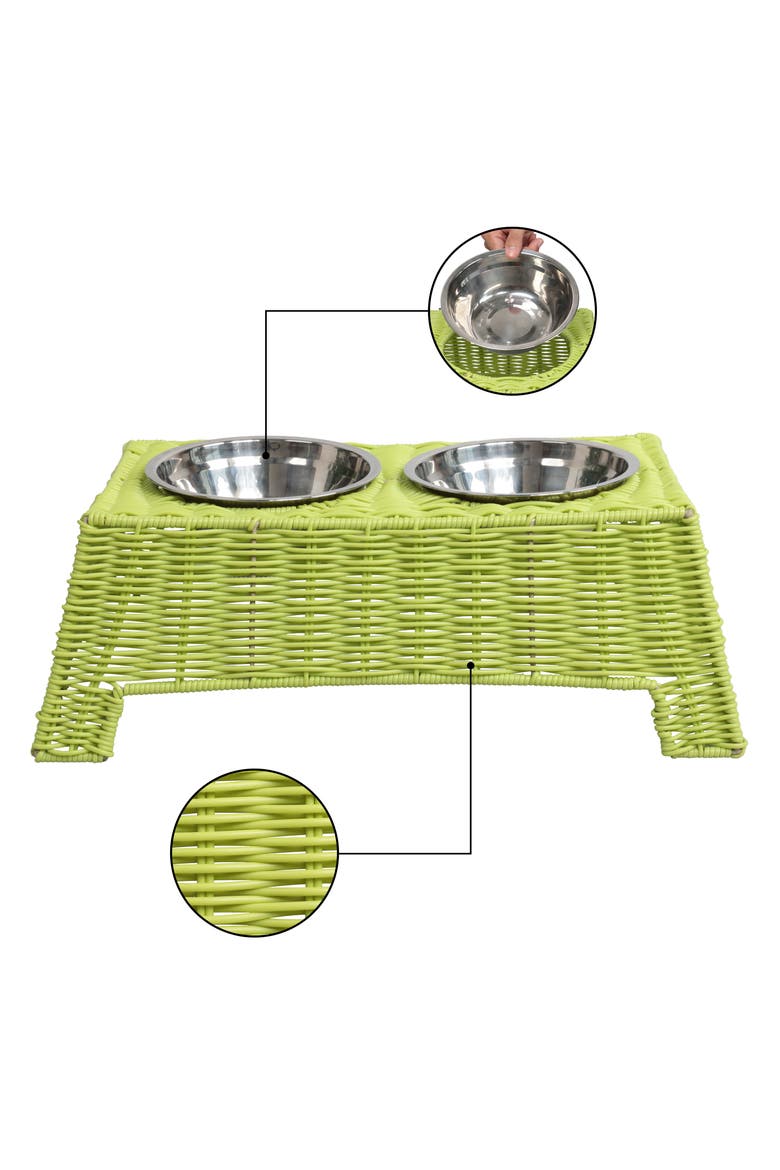 Serenity 6.9" Small/Medium Elevated Wicker Pet Feeder with 18oz (2.2 Cups) 2-Stainless Steel Bowls, Alternate, color, Light Green
