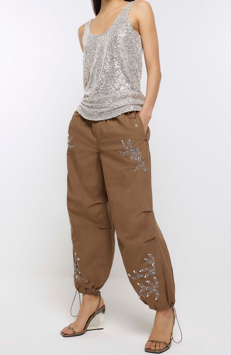 River Island Embellished Baggy Parachute Pants, Alternate, color, 