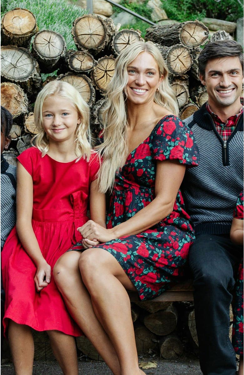 Hope & Henry Women's Organic Puff Sleeve Crossover Dress, Alternate, color, Black Holiday Rose