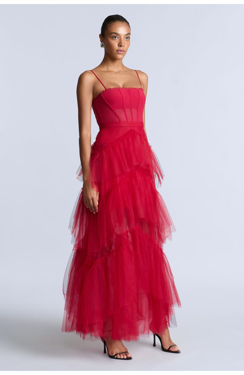 BCBGMAXAZRIA Oly Tiered Ruffle Tulle Evenin, Alternate, color, Chilli Pepper