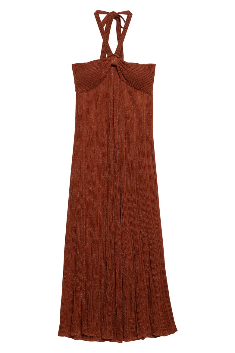 Indra Pleated Metallic Knit Halter Dress, Alternate, color, METALLIC TAN