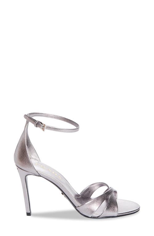 Prada Saffiano Metallic Leather Ankle Strap Sandal In Gray