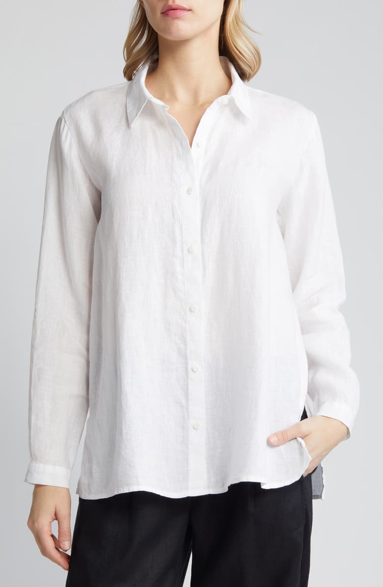 Eileen Fisher Classic Long Sleeve Organic Linen Button-Up Shirt, Main, color, White