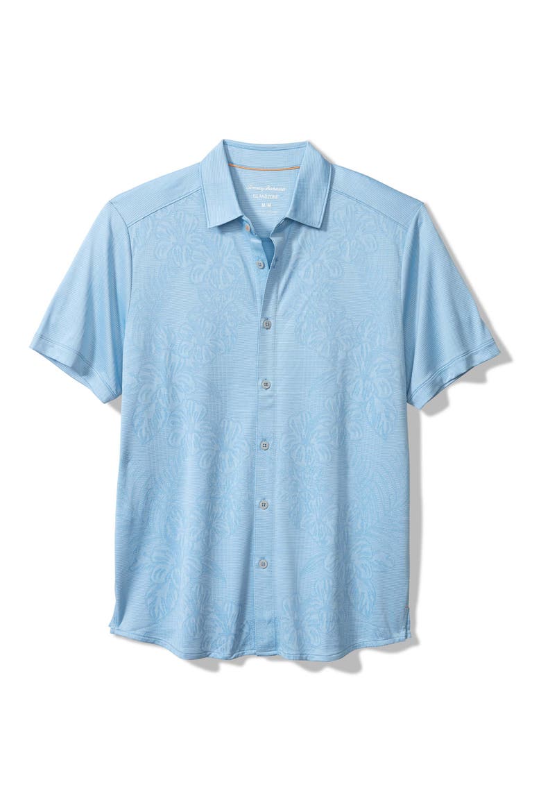 Palm Coast Cascade Vines IslandZone® Performance Short Sleeve Knit Button-Up Shirt, Main, color, SEABANK SKY