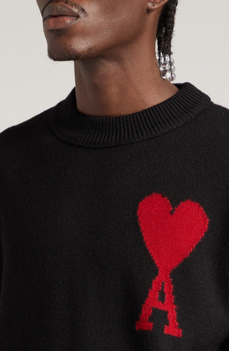 AMI PARIS Ami de Coeur Monogram Crewneck Sweater, Alternate, color, 009 Noir/Rouge