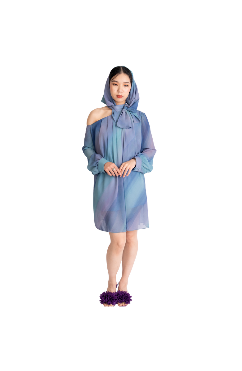 RICHANTEE Bow Tie Printed Mini Dress, Main, color, Azure