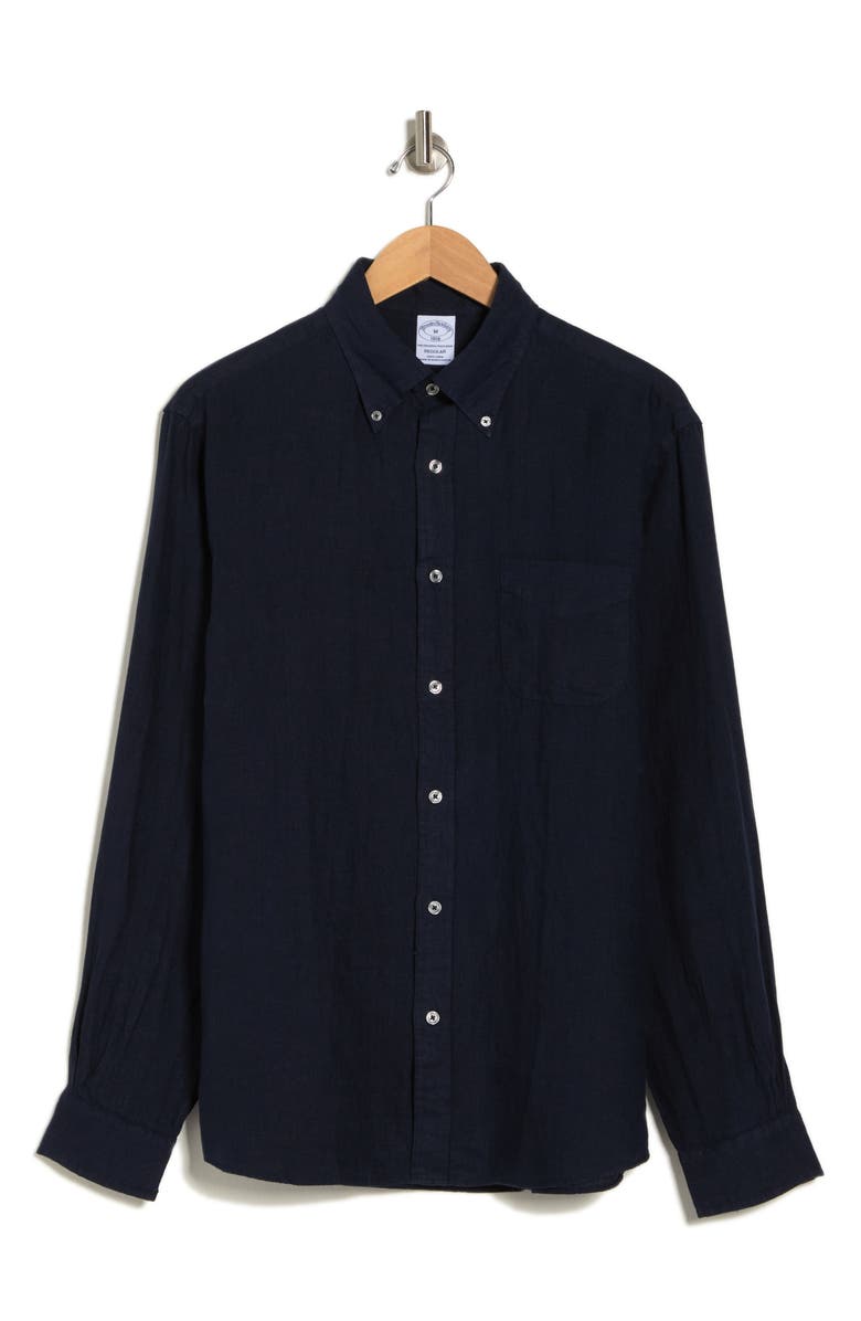 Brooks Brothers Regular Fit Linen Dress Shirt, Alternate, color, Navy