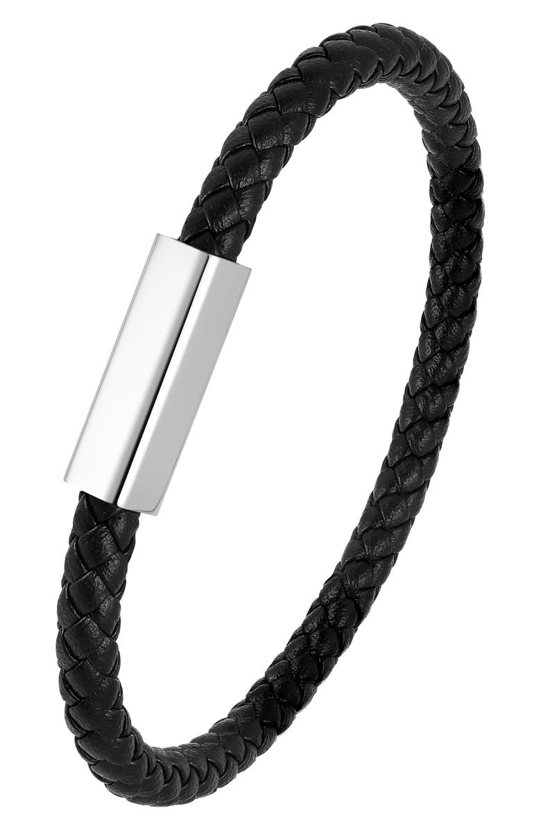 GEOFFREY BEENE Men's Braided Leather Bracelet, Alternate, color, Silver