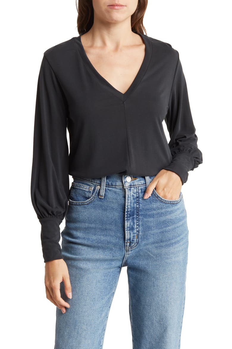 V-Neck Long Sleeve Solid Top, Main, color, BLACK