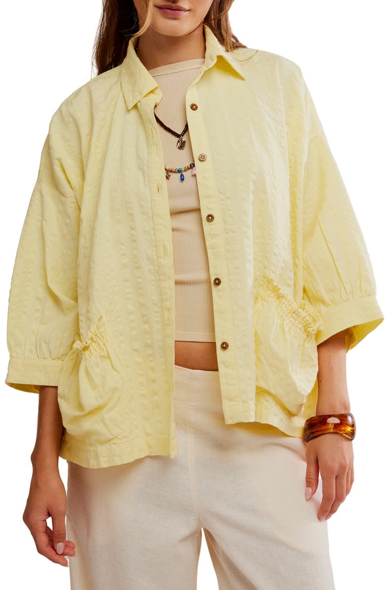 Free People Just Like Me Relaxed Fit Cotton Seersucker Button-Up Shirt, Main, color, Banana Cream