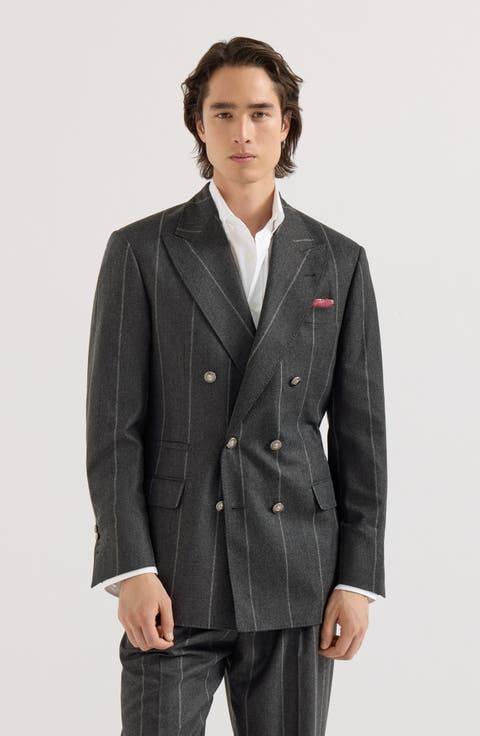 Wool, Silk And Cashmere Chalk Stripe Flannel One-and-a-half Breasted Tailor Blazer With Metal Buttons