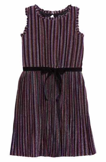 shimmer stripe pleated flare dress Cheria Mini Dress in Shimmer Plisse Blue Brown , Pleated , Scoop Neckline