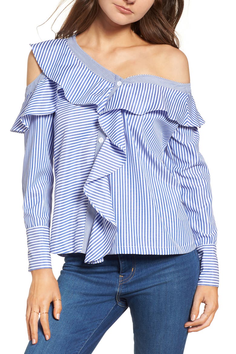 Asymmetrical Open Shoulder Ruffle Top (Nordstrom Exclusive), Main, color, BLUE/ WHITE STRIPE