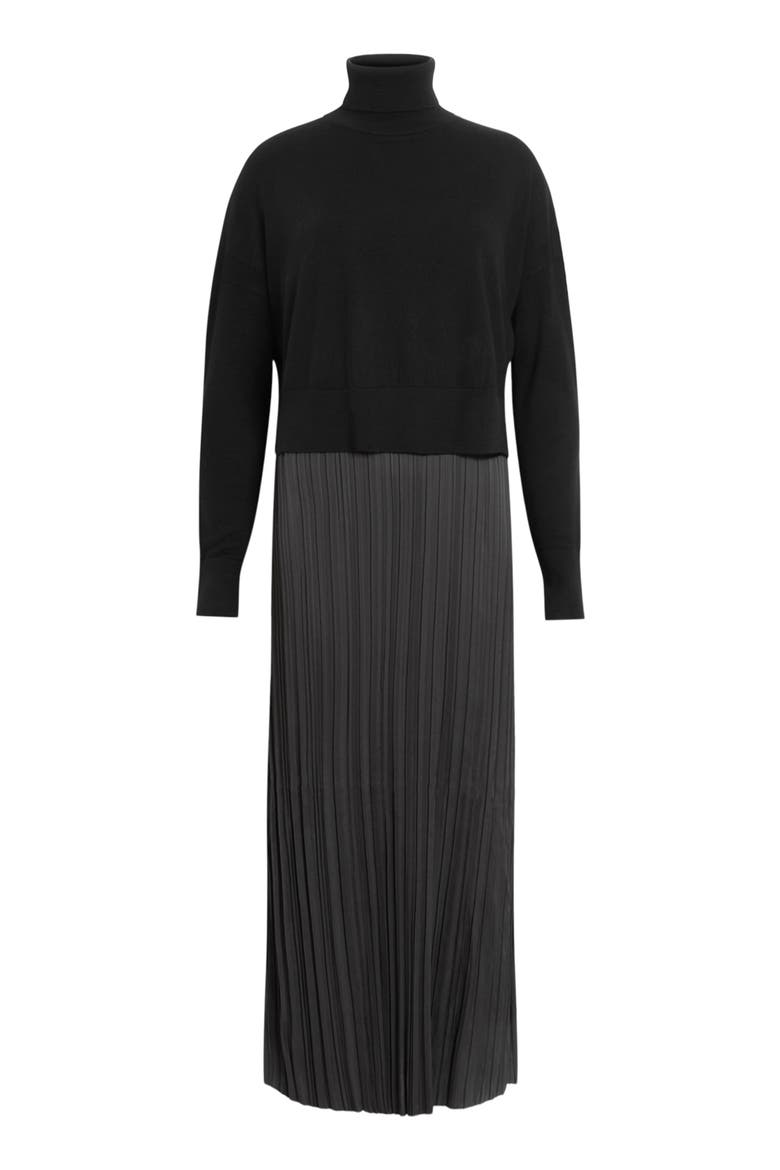 Vittoria Merino Wool High-Low Sweater & Micropleat Midi Dress Set, Alternate, color, BLACK