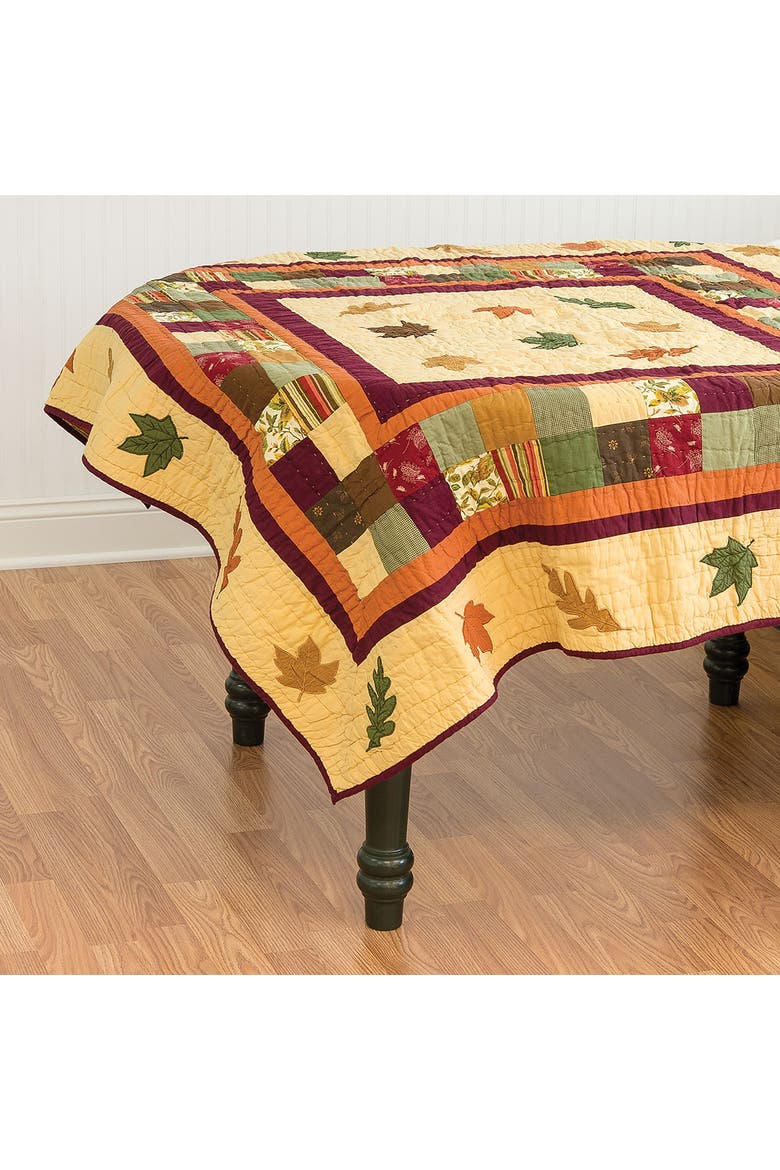 Amber Falling Leaves Vintage 100% Cotton Patchwork Quilted Table Topper 54" x 54", Main, color, Green