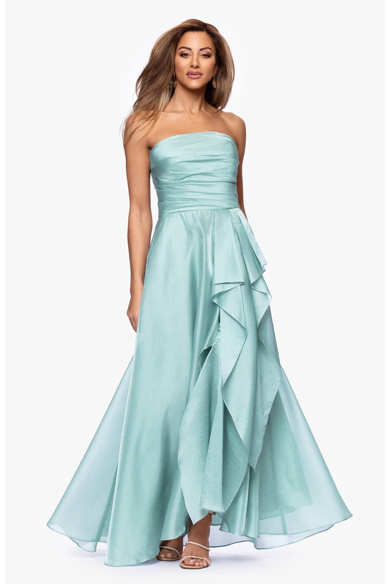 Strapless Ruffle Detail Metallic Organza Gown, Alternate, color, SEAFOAM