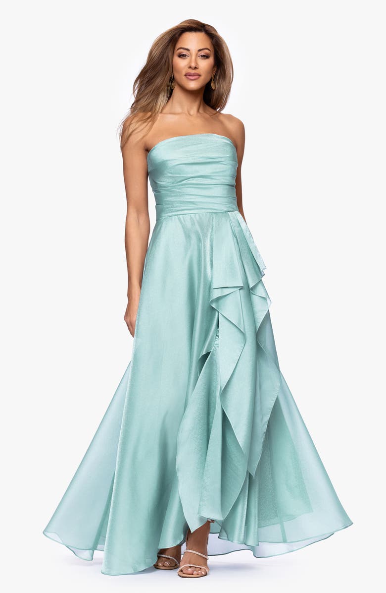 Xscape Evenings Strapless Ruffle Detail Metallic Organza Gown, Alternate, color, Seafoam