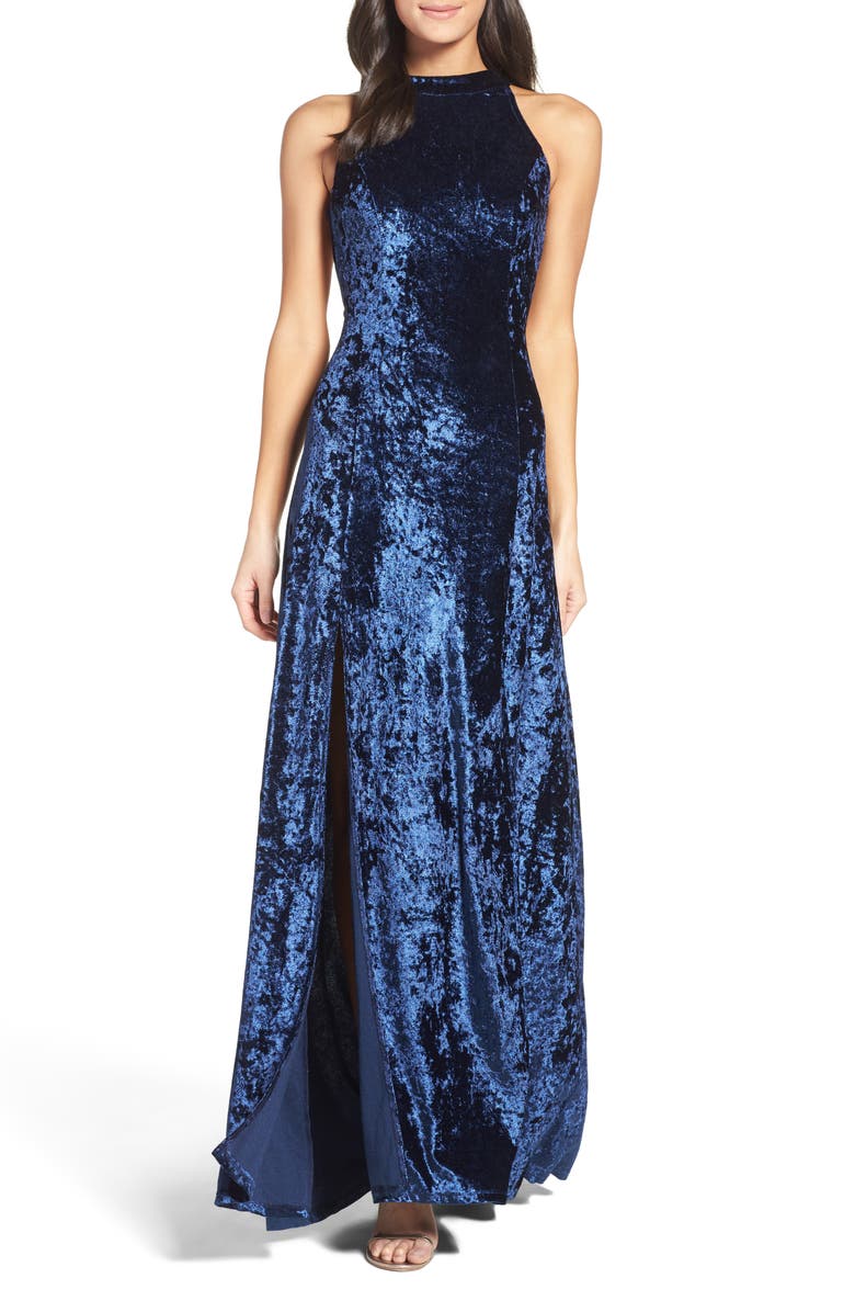 Lulus Strappy Back Crushed Velvet Gown, Main, color, 
