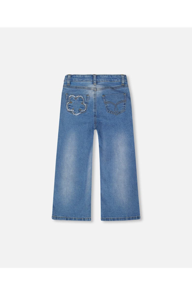 Deux par Deux Wide Leg Stretch Jeans with Flower Stitching, Alternate, color, Light Blue Denim