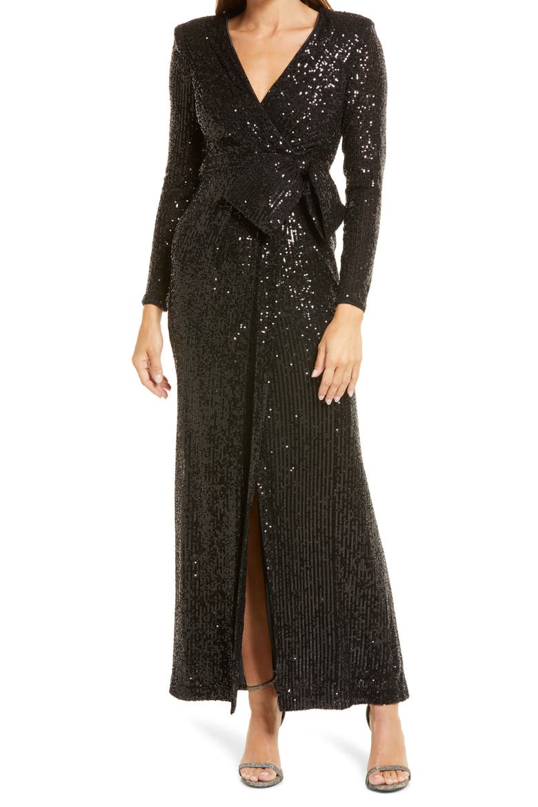 Sequin Wrap Front Long Sleeve Gown, Main, color, BLACK