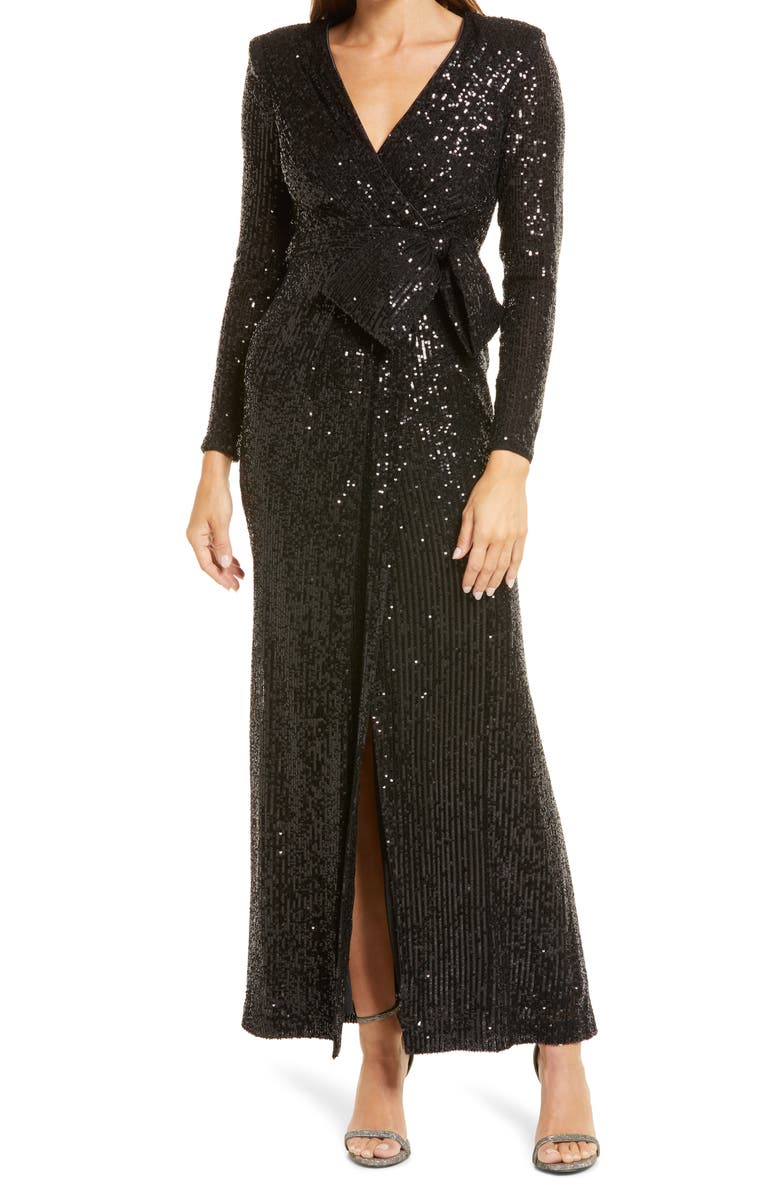 Eliza J Sequin Wrap Front Long Sleeve Gown, Main, color, 