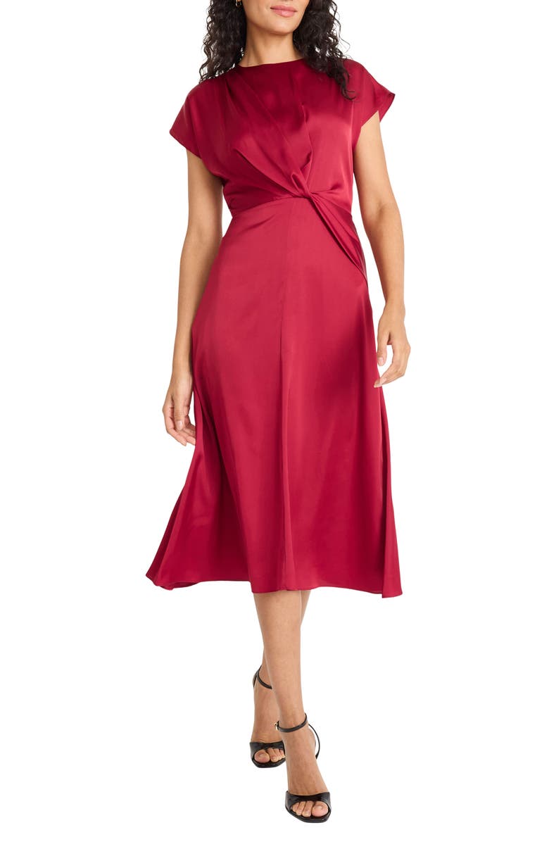 Maggy London Twist Front Cap Sleeve Stretch Satin Dress, Main, color, Tibetan Red
