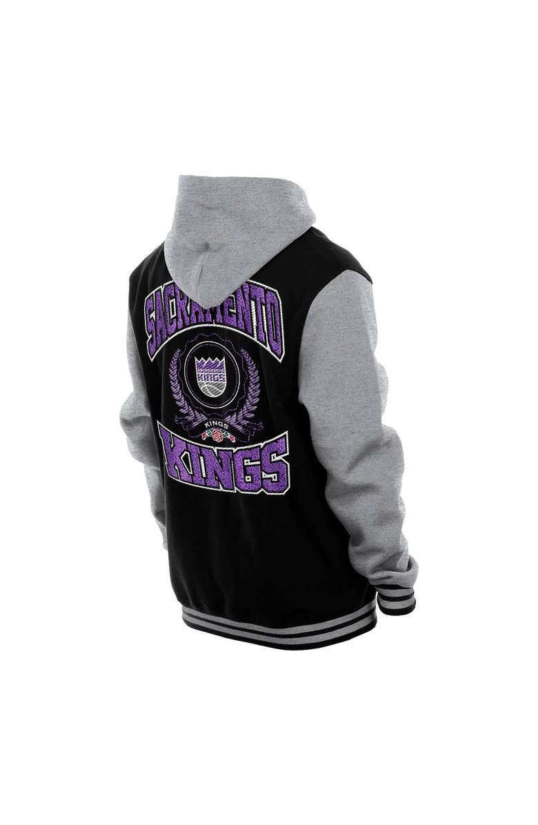 New Era Men's New Era Black Sacramento Kings Throwback Prep Chenille Full-Snap Hooded Varsity Jacket, Alternate, color, Black