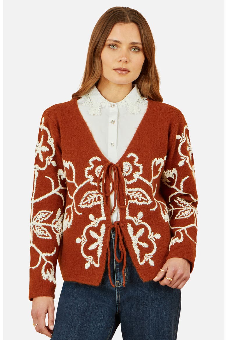 Folk Embroidered Tie Front Cardigan, Main, color, Brown